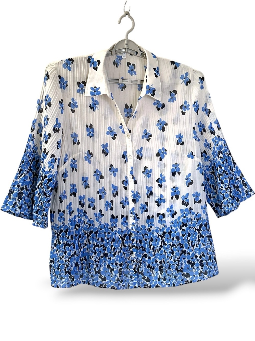 Pleated Chiffon Semi Sheer Button Up 3/4 Bell Sleeve White Blue Floral Women 2X - Picture 16 of 16